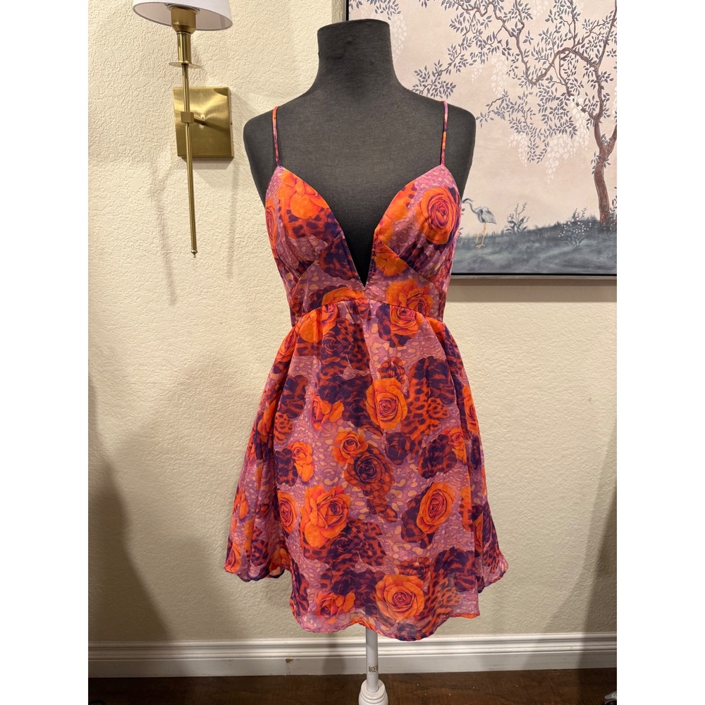Angel Biba Women Floral Leopard Print Mini Dress Orange Purple V-Neck Size M NWT